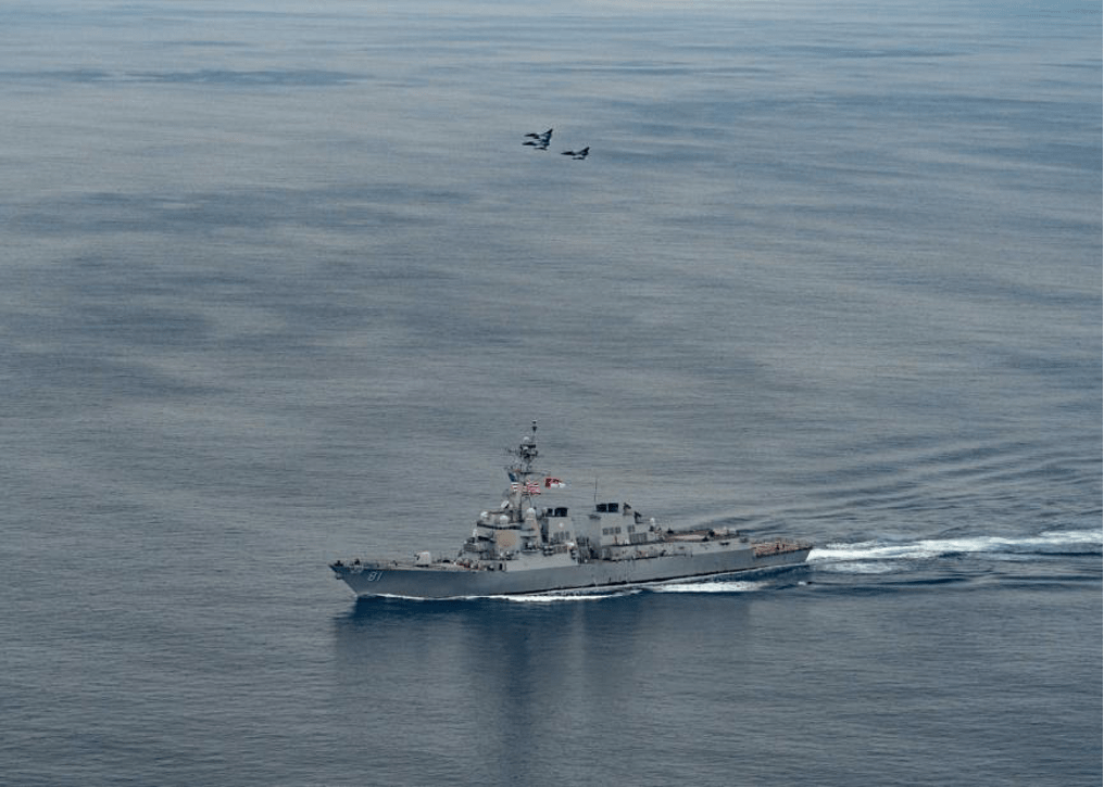 French Mirage 2000 jets fly over USS Winston S. Churchill